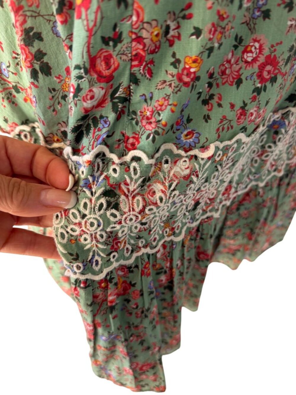 byTimo Womens Eyelet Lace Trim Ruffle Bodice Floral Mini Dress Size M Green Boho - Picture 7 of 10